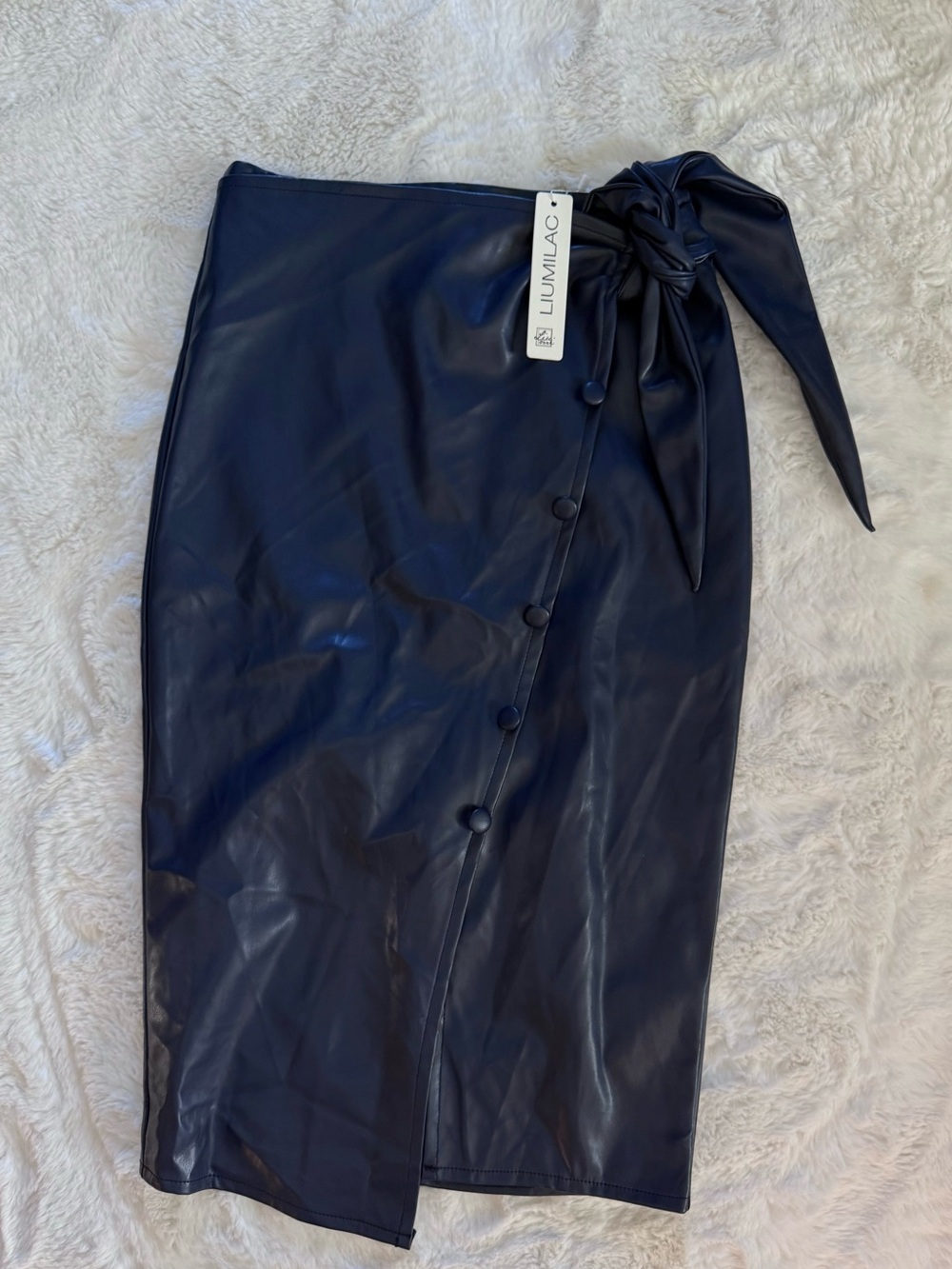 NWT Navy Faux Leather Split High Waist Tie-Waist Midi Pencil Skirt